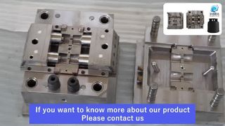 This display features an injection mold and finished sample for black automotive spare part.